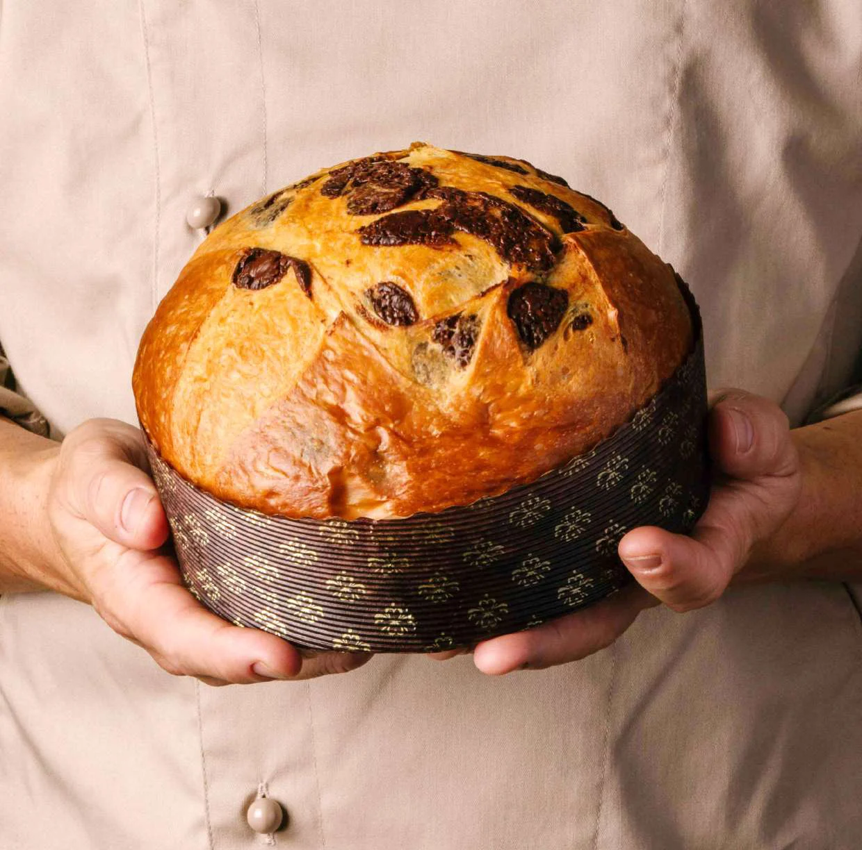 Le mani del pasticcere reggono un panettone Tenerità appena sfornato
